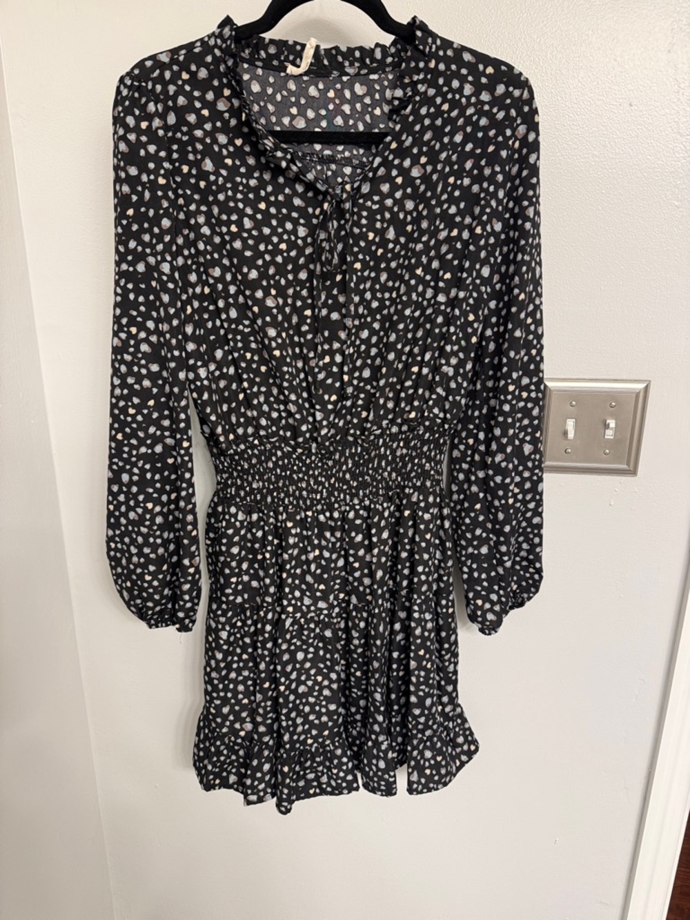 Black Mini Dress with White and Taupe Heart Dot Print